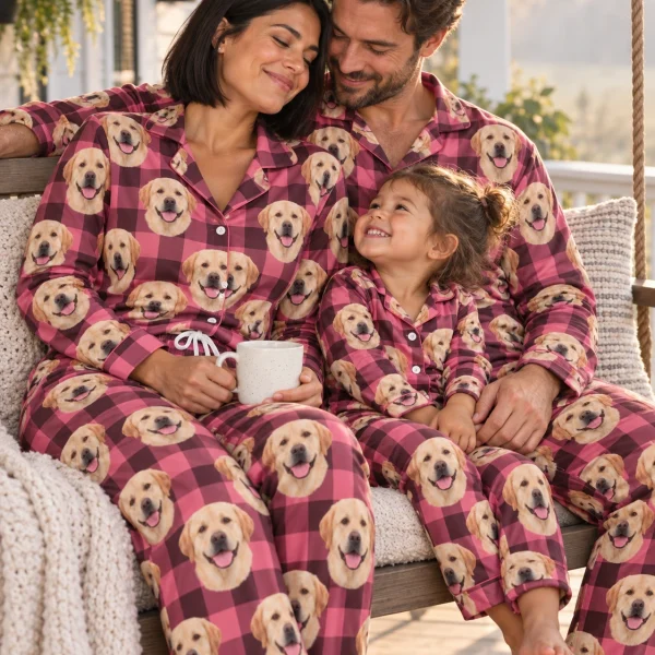 Woman and her family in matching labrador mom pajamas with yellow Labrador Retriever faces on pink plaid fabric — MyDogPics