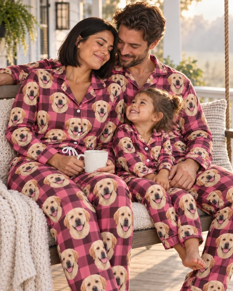 Woman and her family in matching labrador mom pajamas with yellow Labrador Retriever faces on pink plaid fabric — MyDogPics