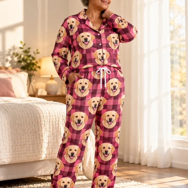 Woman wearing labrador mom pajamas covered in yellow Labrador Retriever faces on pink plaid fabric — MyDogPics