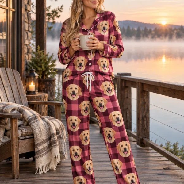 Woman posing in labrador mom pajamas, yellow Labrador Retriever faces on pink plaid fabric — MyDogPics