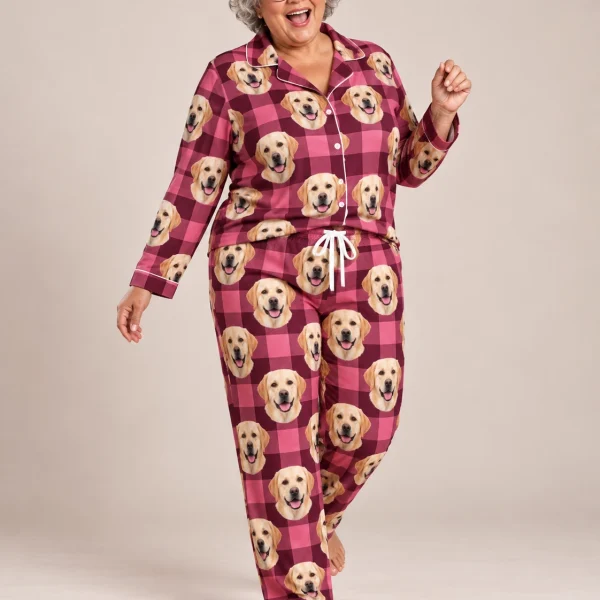 Woman posing in labrador mom pajamas, yellow Labrador Retriever faces on pink plaid fabric — MyDogPics