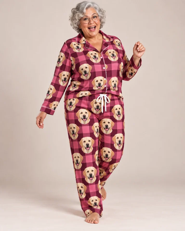 Woman posing in labrador mom pajamas, yellow Labrador Retriever faces on pink plaid fabric — MyDogPics