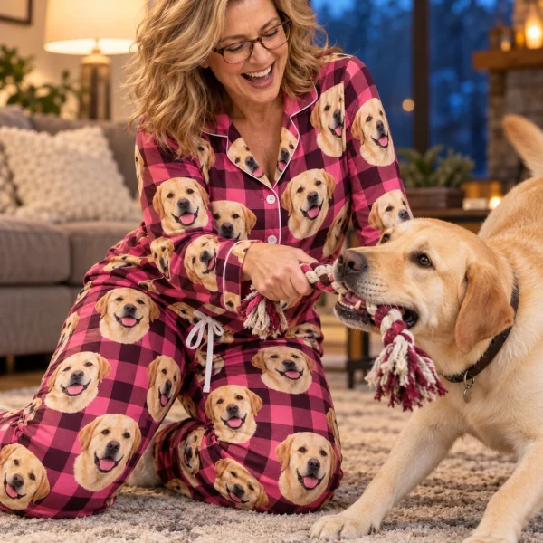 Woman in labrador mom pajamas with her Labrador Retriever — MyDogPics