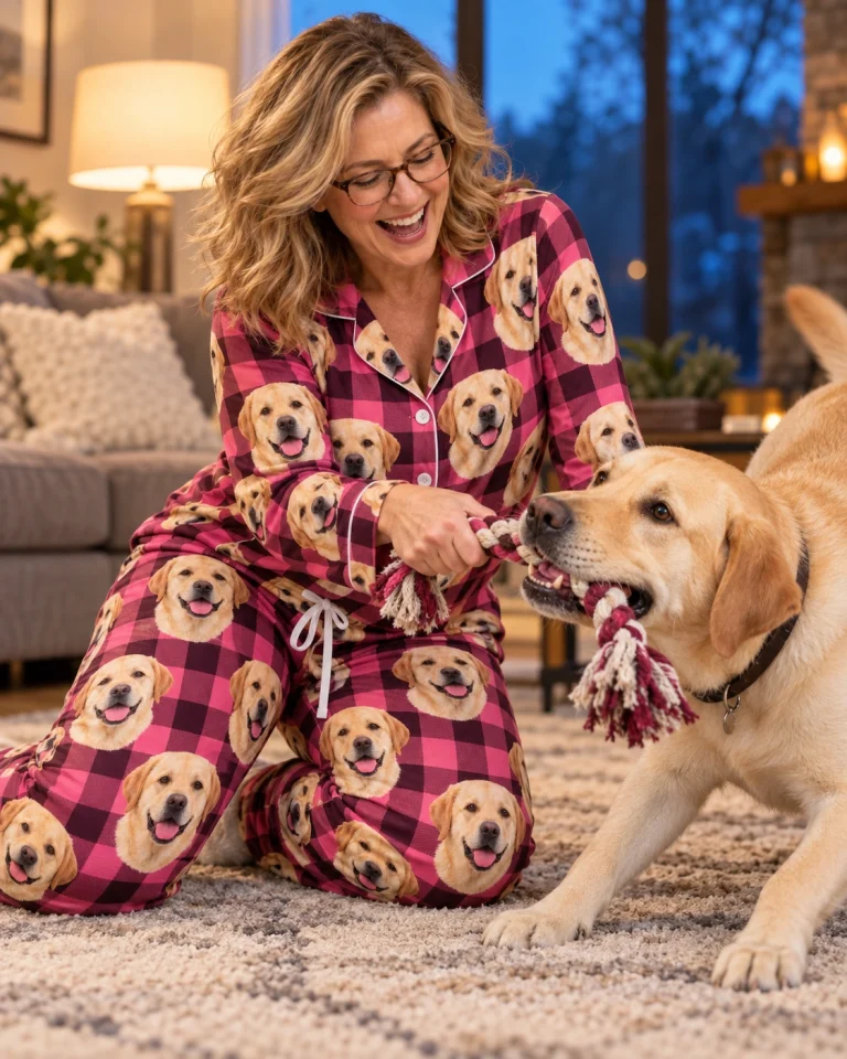 Woman in labrador mom pajamas with her Labrador Retriever — MyDogPics