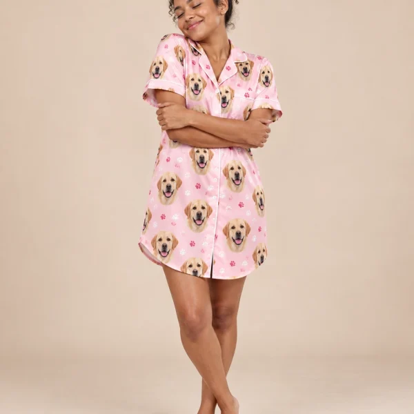 Woman posing in a labrador nightgown, yellow Labrador Retriever faces on blush pink paw-print satin — MyDogPics