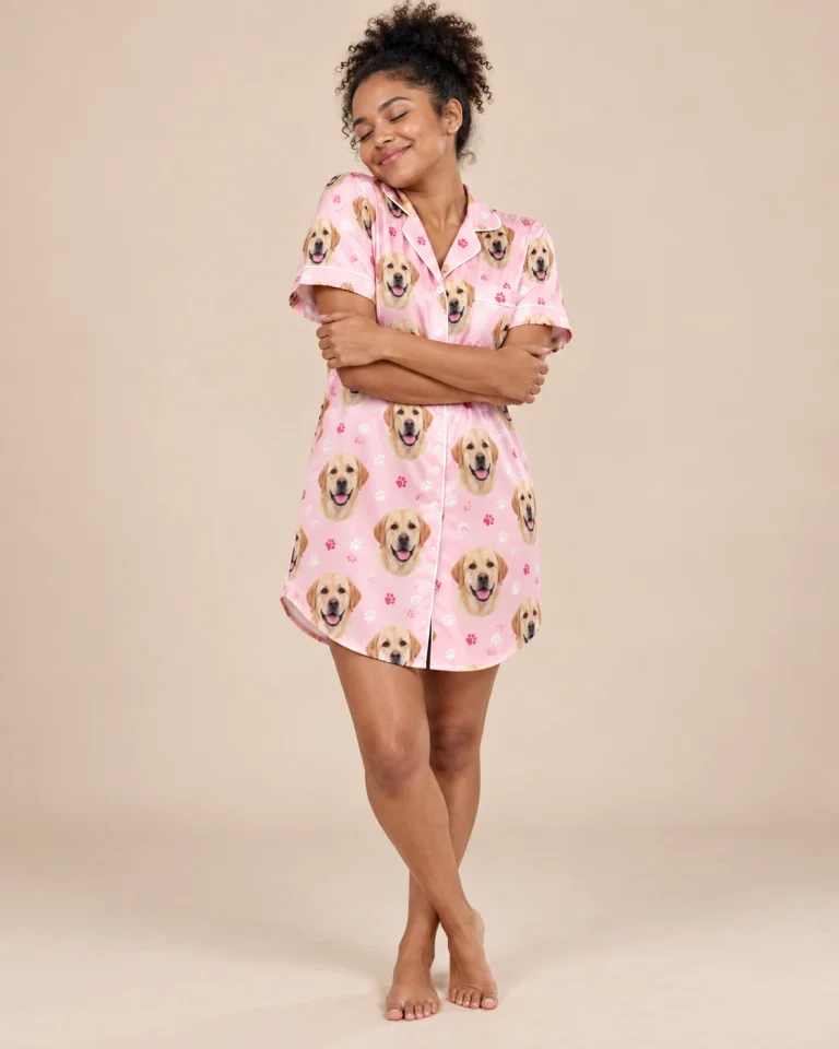 Woman posing in a labrador nightgown, yellow Labrador Retriever faces on blush pink paw-print satin — MyDogPics