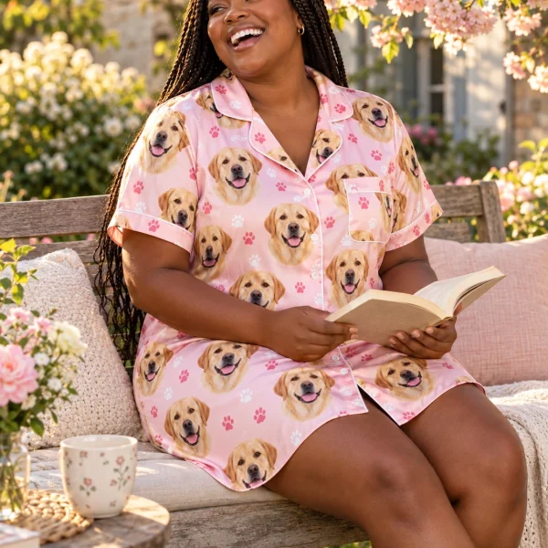 Woman sitting in a labrador nightgown covered in yellow Labrador Retriever faces — MyDogPics
