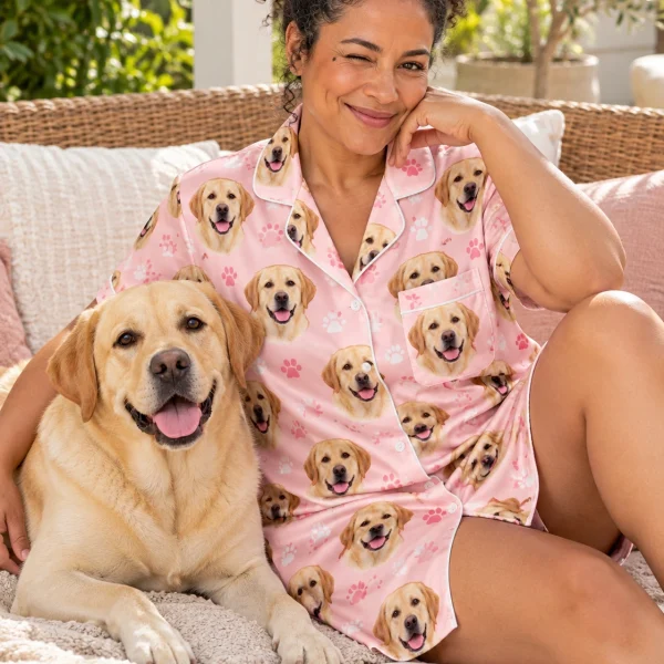 Woman in a labrador nightgown with her Labrador Retriever — MyDogPics