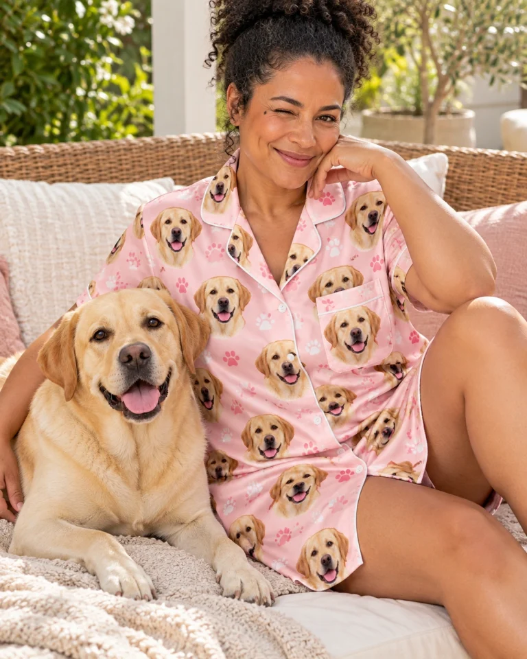 Woman in a labrador nightgown with her Labrador Retriever — MyDogPics