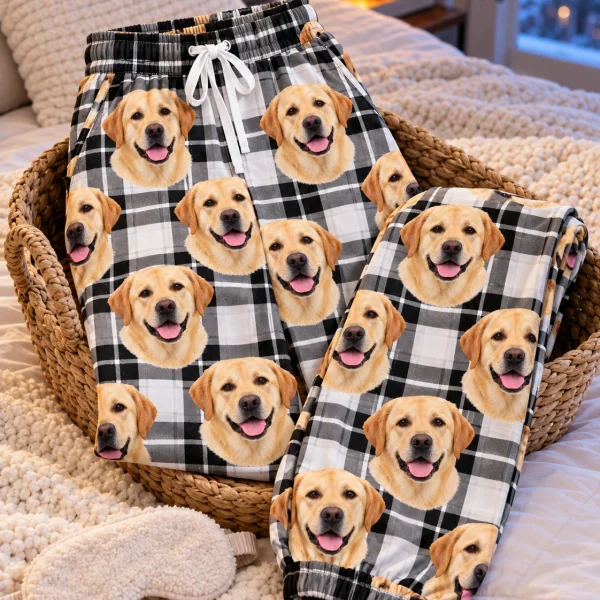 Flat lay of labrador pajama pants: pants covered in yellow Labrador Retriever faces — MyDogPics