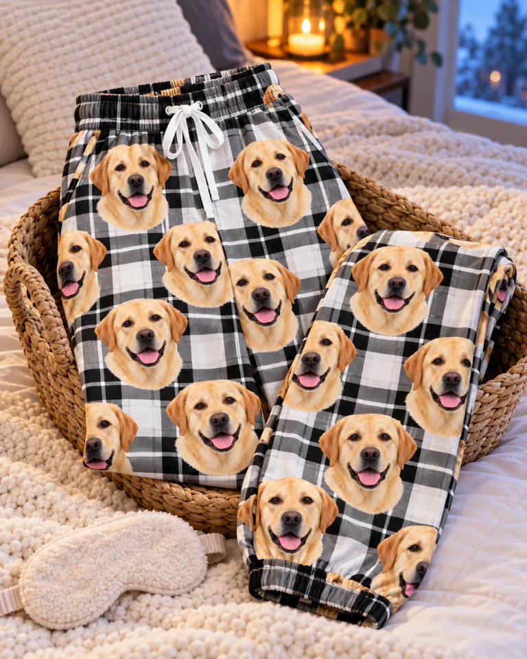 Flat lay of labrador pajama pants: pants covered in yellow Labrador Retriever faces — MyDogPics