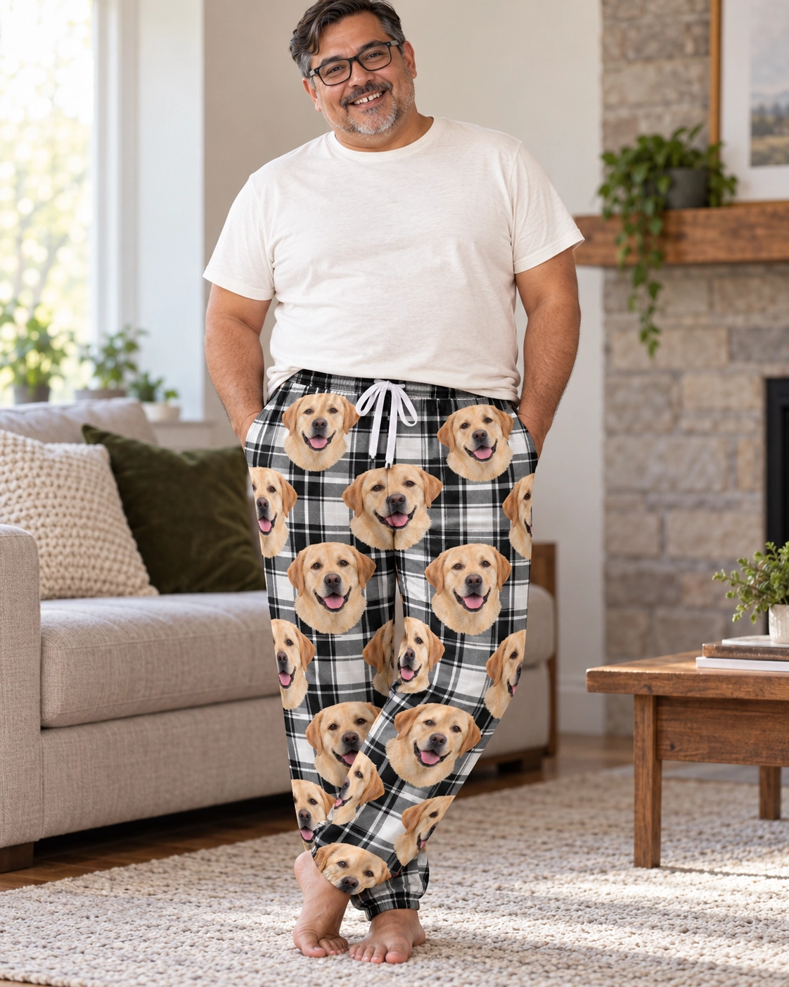 Labrador Pajama Pants – Pose, White Plaid | MyDogPics Man posing in labrador pajama pants, yellow Labrador Retriever faces on white plaid fabric — MyDogPics