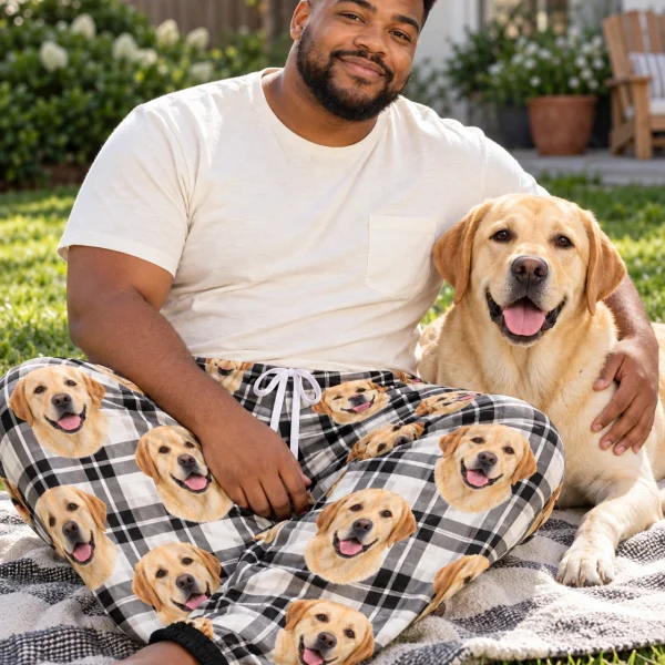 Man in labrador pajama pants with his Labrador Retriever — MyDogPics