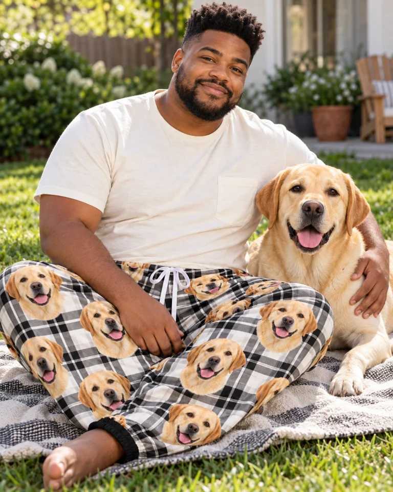 Man in labrador pajama pants with his Labrador Retriever — MyDogPics