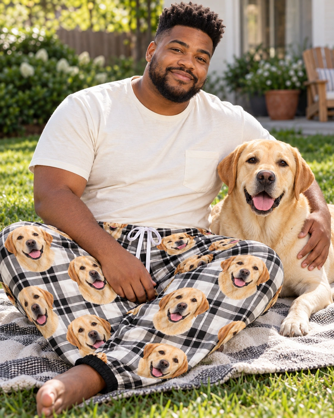 Labrador Pajama Pants – With Dog, White Plaid | MyDogPics Man in labrador pajama pants with his Labrador Retriever — MyDogPics