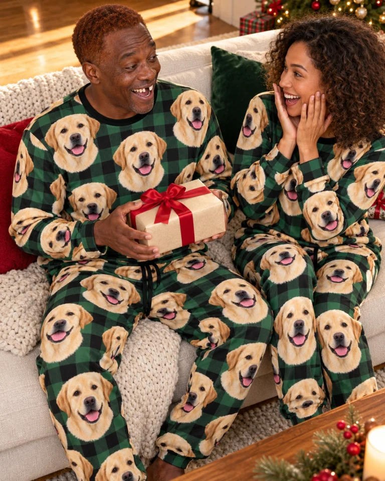 Man and his partner in matching labrador pajama set with yellow Labrador Retriever faces on green plaid fabric — MyDogPics