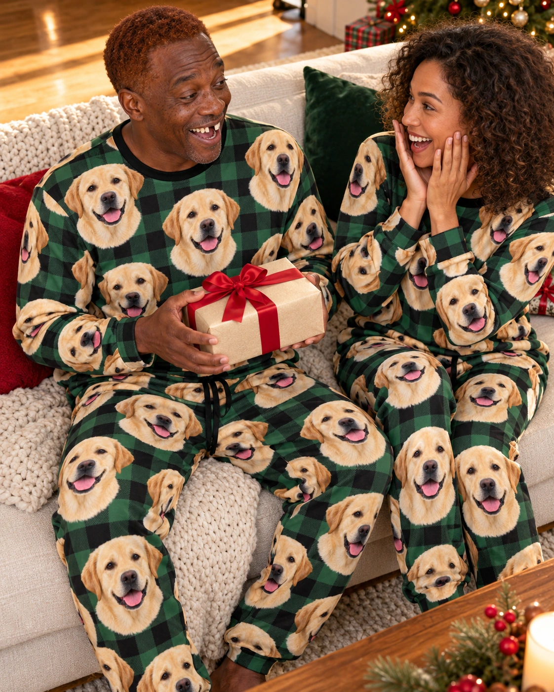 Labrador Pajama Set – Family, Green Plaid | MyDogPics Man and his partner in matching labrador pajama set with yellow Labrador Retriever faces on green plaid fabric — MyDogPics