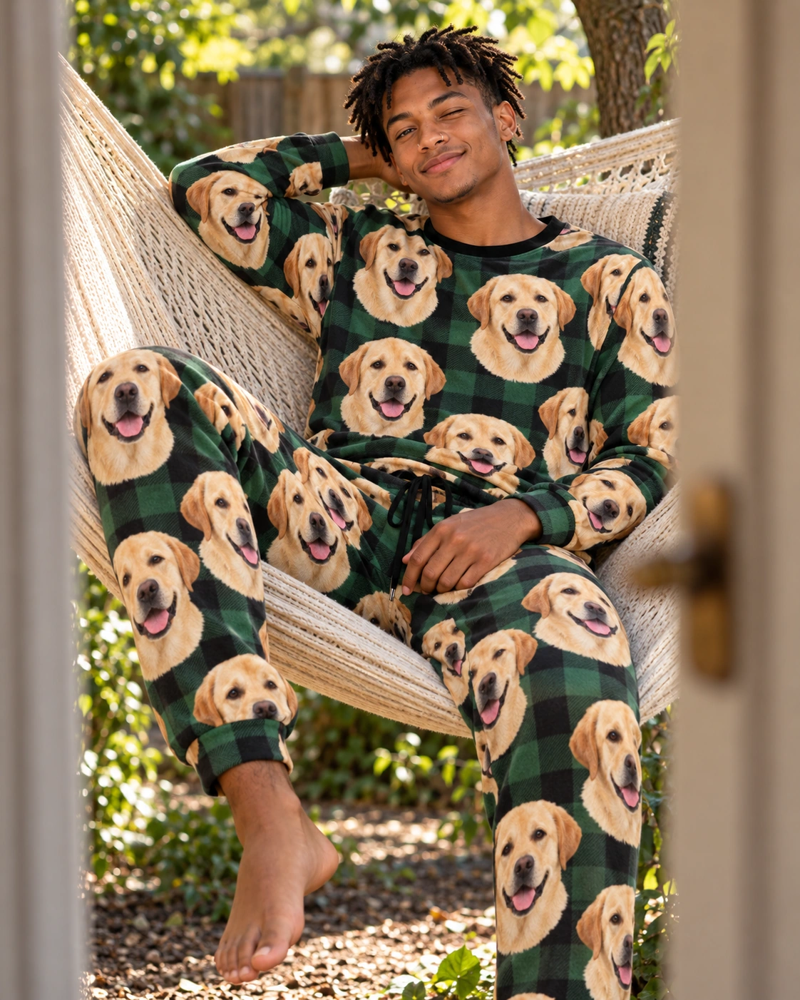Labrador Pajama Set – Sitting, Green Plaid | MyDogPics Man sitting in a labrador pajama set covered in yellow Labrador Retriever faces — MyDogPics