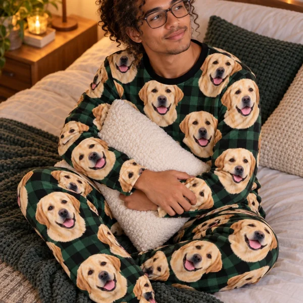 Man sitting in a labrador pajama set covered in yellow Labrador Retriever faces — MyDogPics
