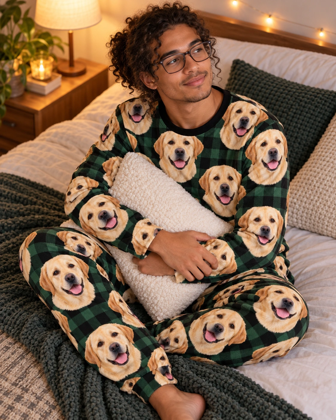 Labrador Pajama Set – Sitting, Green Plaid | MyDogPics Man sitting in a labrador pajama set covered in yellow Labrador Retriever faces — MyDogPics