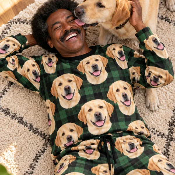 Man in a labrador pajama set with his Labrador Retriever — MyDogPics