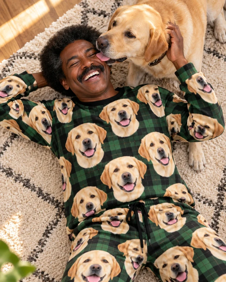 Man in a labrador pajama set with his Labrador Retriever — MyDogPics