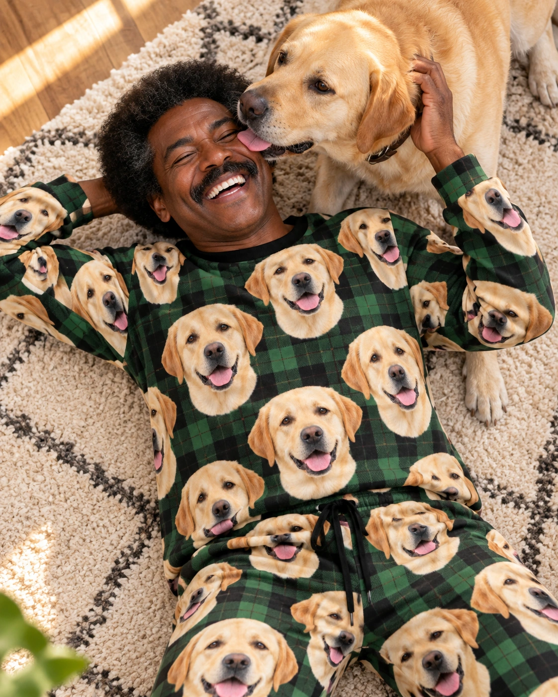 Labrador Pajama Set – With Dog, Green Plaid | MyDogPics Man in a labrador pajama set with his Labrador Retriever — MyDogPics