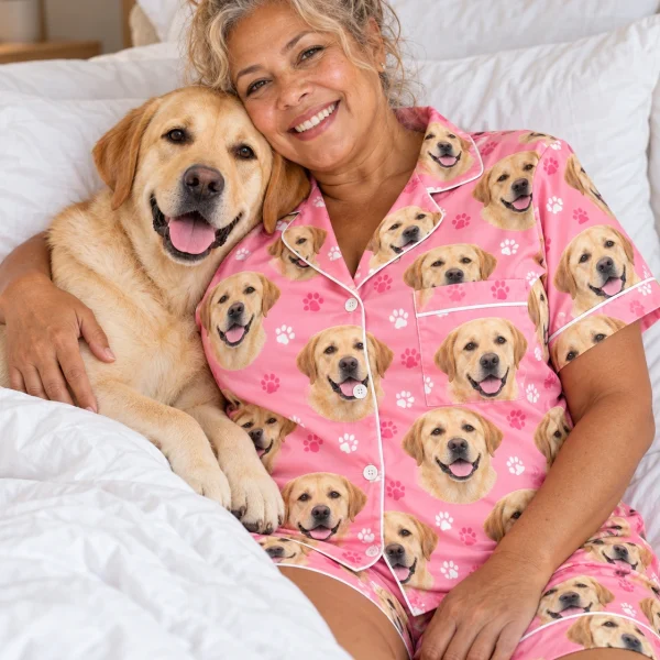 Woman in a labrador pajama short set cuddling her Labrador Retriever — MyDogPics
