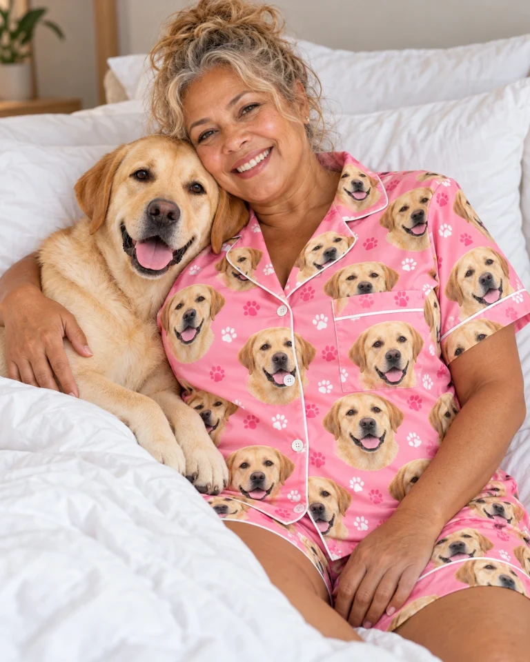 Woman in a labrador pajama short set cuddling her Labrador Retriever — MyDogPics