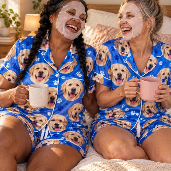 Woman and a friend in matching labrador pajama shorts with yellow Labrador Retriever faces — MyDogPics