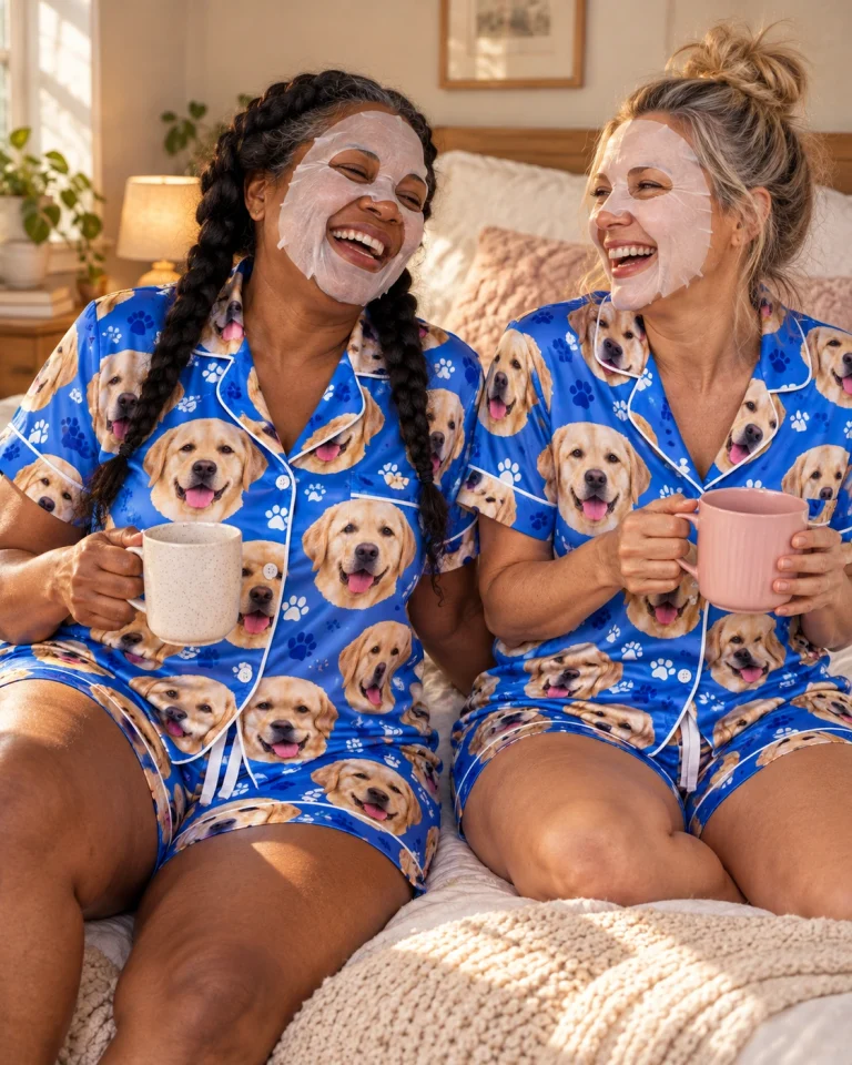 Woman and a friend in matching labrador pajama shorts with yellow Labrador Retriever faces — MyDogPics