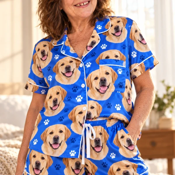 Woman wearing labrador pajama shorts covered in yellow Labrador Retriever faces on royal blue paw-print satin — MyDogPics
