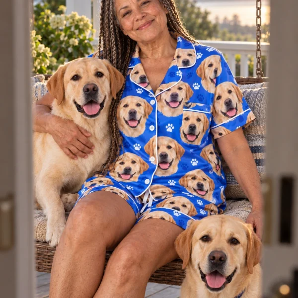 Woman in labrador pajama shorts with her Labrador Retriever — MyDogPics