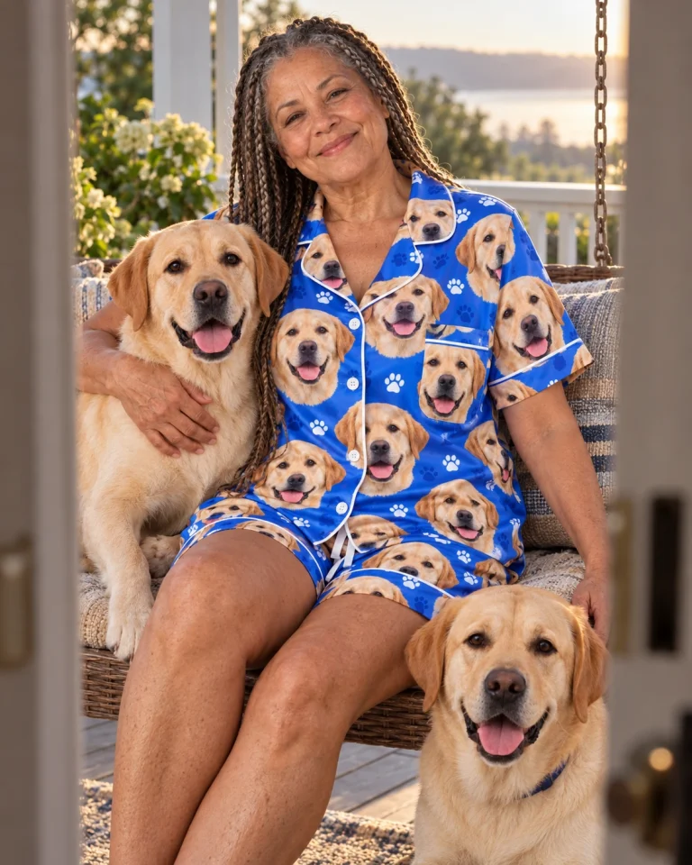 Woman in labrador pajama shorts with her Labrador Retriever — MyDogPics