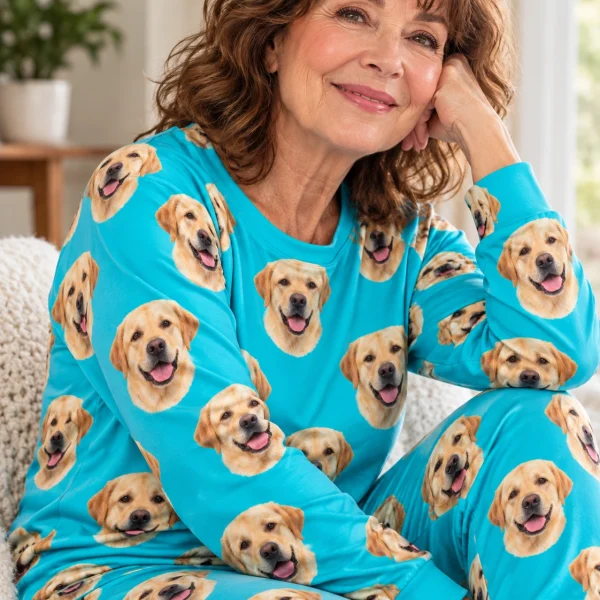 Close-up of the labrador pajamas for adults print: yellow Labrador Retriever faces on teal fabric — MyDogPics