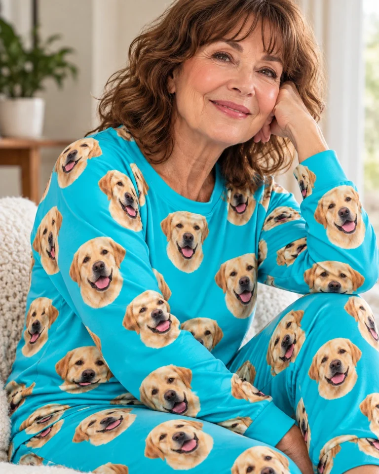 Close-up of the labrador pajamas for adults print: yellow Labrador Retriever faces on teal fabric — MyDogPics