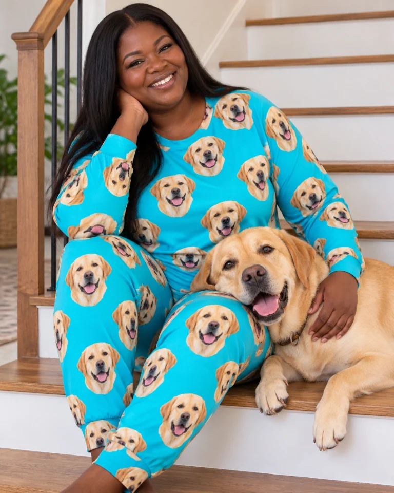 Woman in a labrador pajamas for adults cuddling her Labrador Retriever — MyDogPics