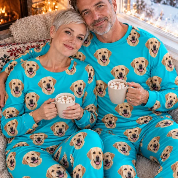 Woman and her partner in matching labrador pajamas for adults with yellow Labrador Retriever faces on teal fabric — MyDogPics