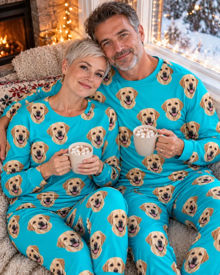 Woman and her partner in matching labrador pajamas for adults with yellow Labrador Retriever faces on teal fabric — MyDogPics