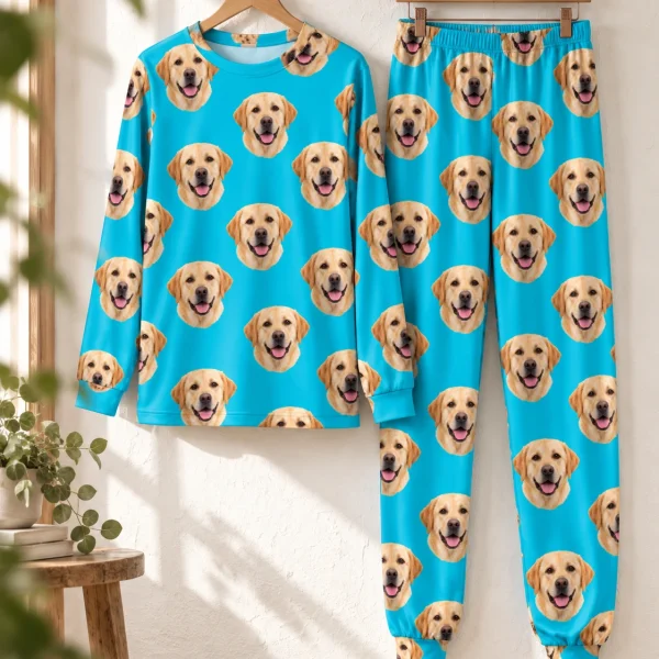 Flat lay of a labrador pajamas for adults: top and pants covered in yellow Labrador Retriever faces — MyDogPics