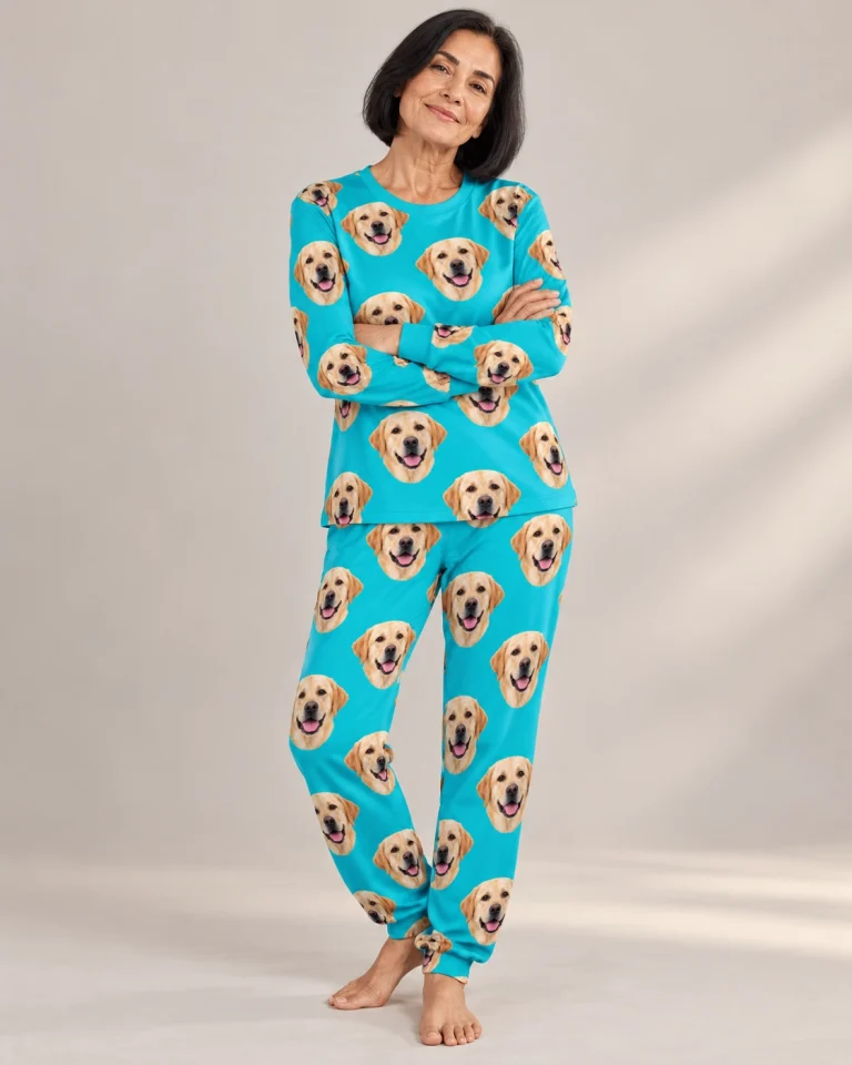 Woman wearing a labrador pajamas for adults covered in yellow Labrador Retriever faces on teal fabric — MyDogPics