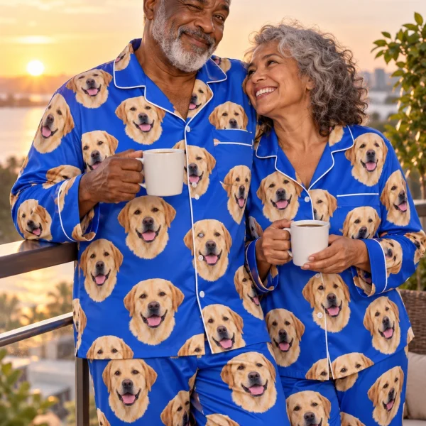 Man and his partner in matching labrador pajamas for men with yellow Labrador Retriever faces on royal blue satin — MyDogPics