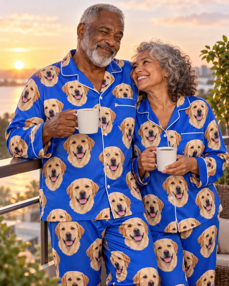 Man and his partner in matching labrador pajamas for men with yellow Labrador Retriever faces on royal blue satin — MyDogPics