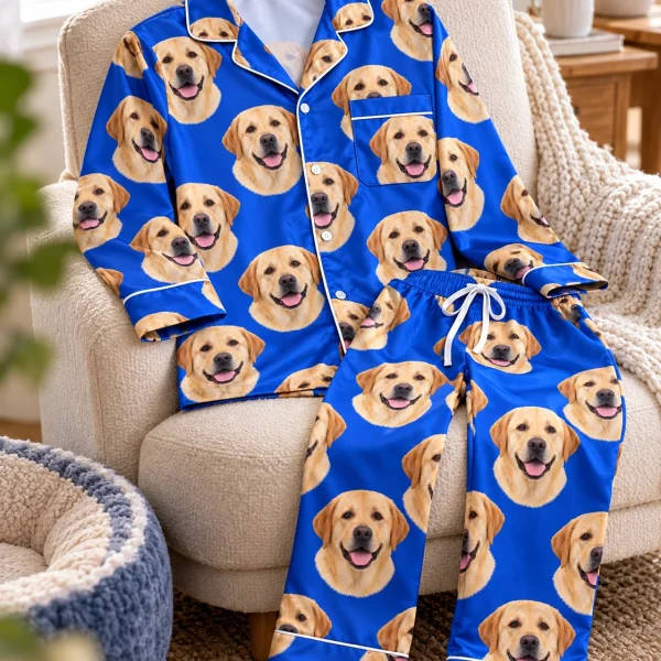 Flat lay of a labrador pajamas for men: shirt and pants covered in yellow Labrador Retriever faces — MyDogPics
