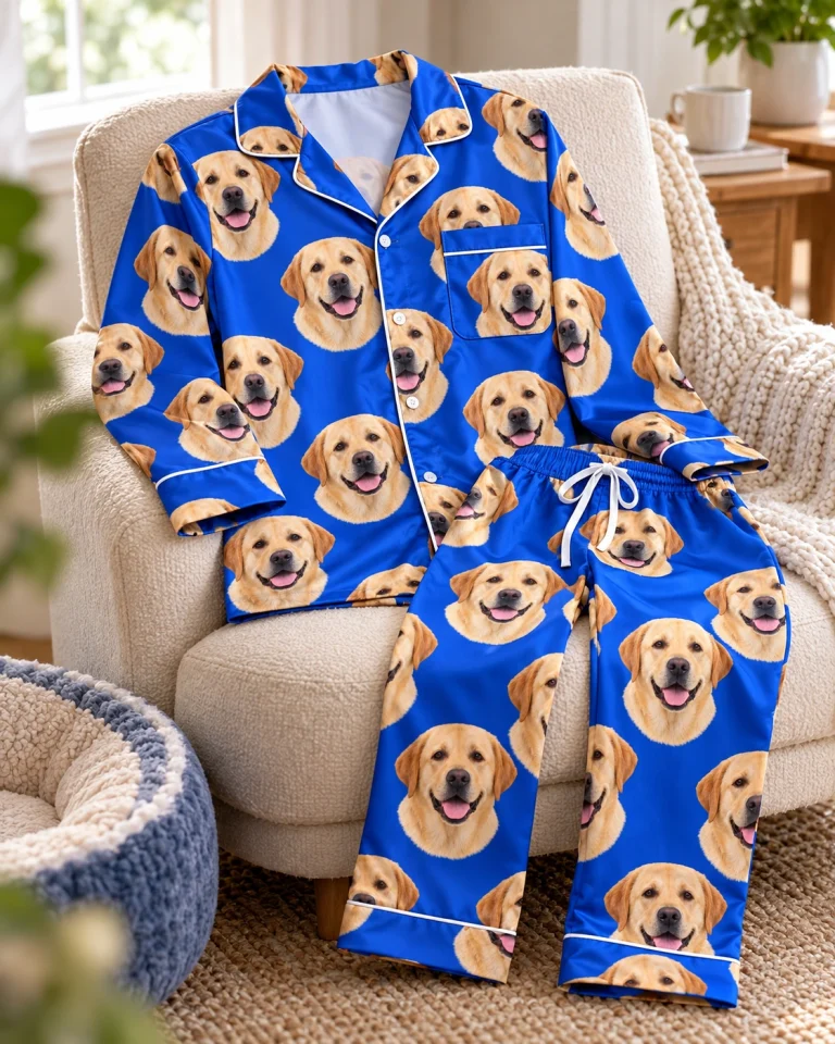 Flat lay of a labrador pajamas for men: shirt and pants covered in yellow Labrador Retriever faces — MyDogPics