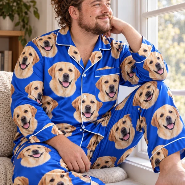 Man sitting in a labrador pajamas for men covered in yellow Labrador Retriever faces — MyDogPics