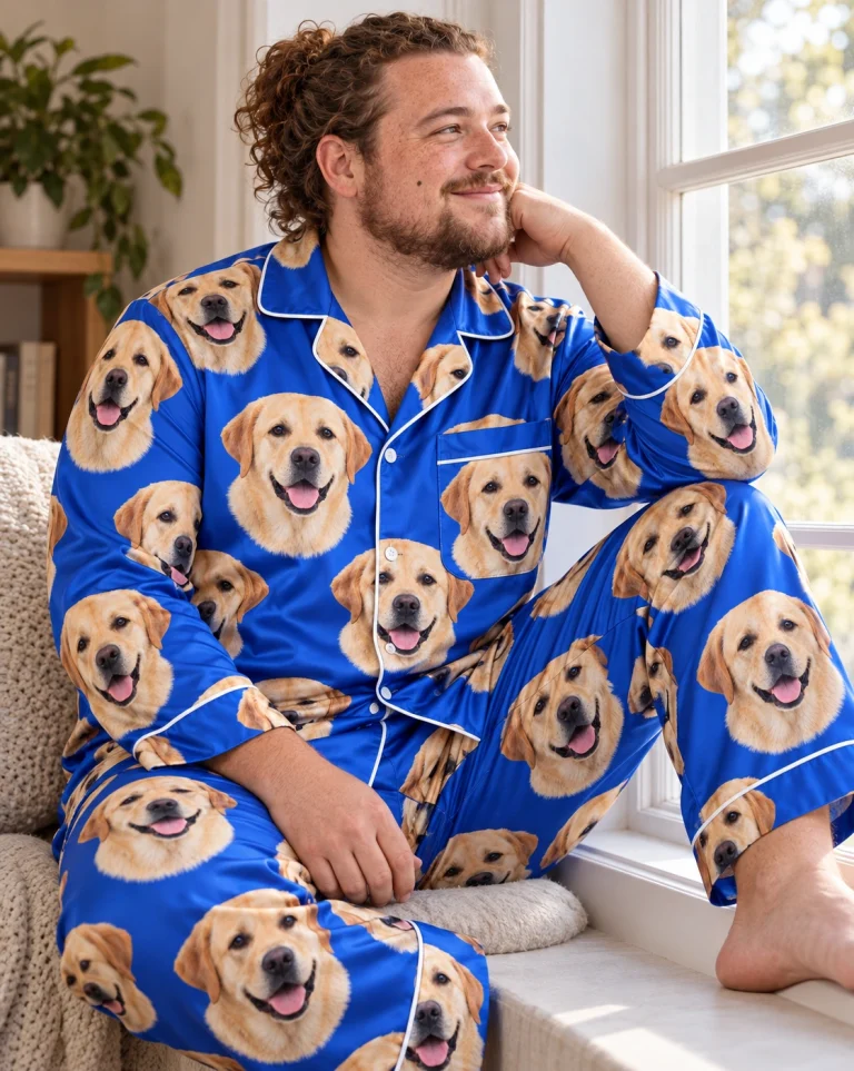 Man sitting in a labrador pajamas for men covered in yellow Labrador Retriever faces — MyDogPics