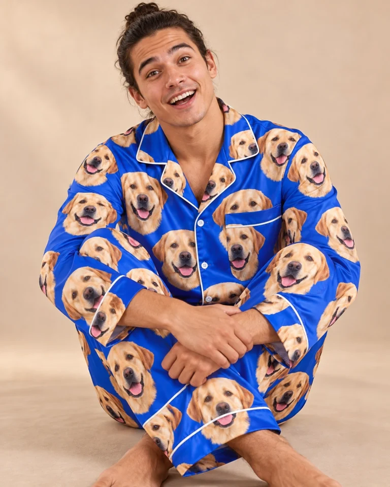 Man sitting in a labrador pajamas for men covered in yellow Labrador Retriever faces — MyDogPics