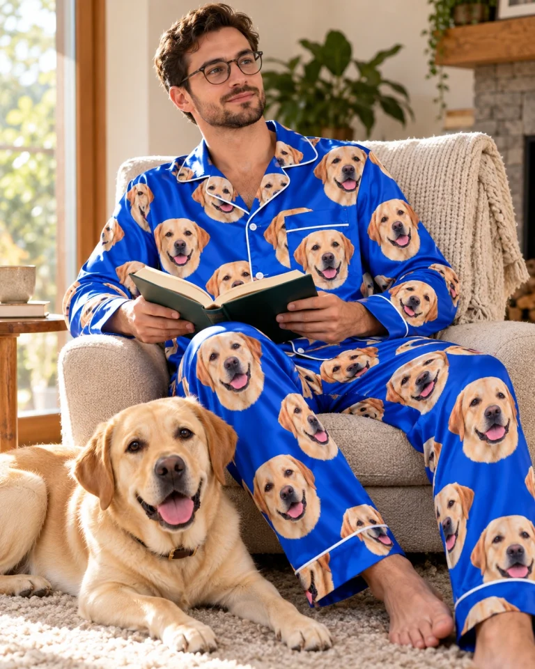 Man in a labrador pajamas for men with his Labrador Retriever — MyDogPics
