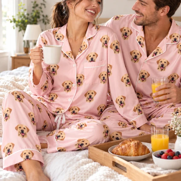 Woman and her partner in matching labrador pajamas for women with yellow Labrador Retriever faces — MyDogPics